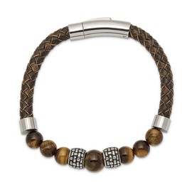 Auriga Fine Jewelry Stainless Steel Antiqued and Polished Tiger's Eye Beads Brown Leather Bracelet 8.5"