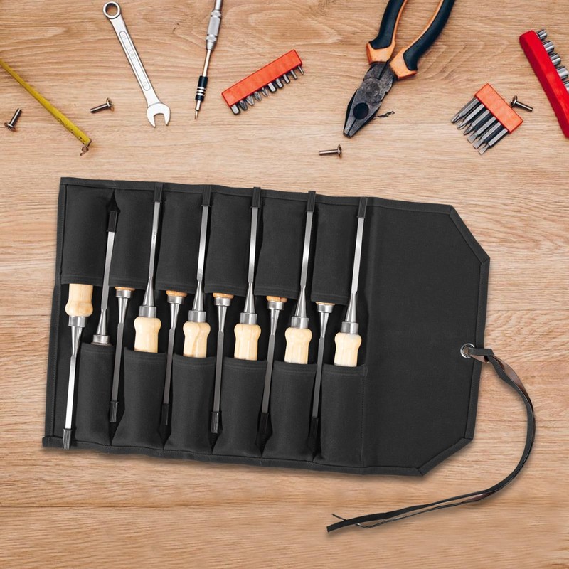 Chisel Roll,12 Pockets Roll Up Tool Pouch,Waxed Canvas Small Tool