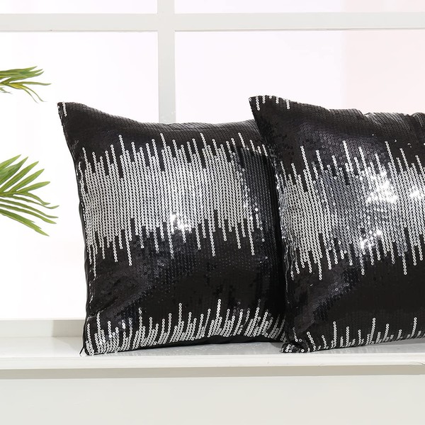 PartyDelight 18"X18" Sequin Pillow Cases Decorative for Bed, Sofa, Black and Silver, Set of 2.