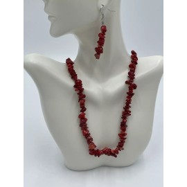 Esmor Coral Red Bead Chips Necklace & Earrings Freeform Faux Stone Set 18"