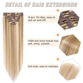 Real hair clip-in extensions, 100 % Remy real hair extensions, straight, 8 wefts, 18 clips, thin