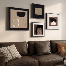 Framed Neutral Abstract Wall Art for Living Room, 4 Piece Modern Black Brown Geometric Canvas Paintings Artwork for Walls-Minimalist Pictures for Hallway Dining Room Bedroom Office Wall Decor