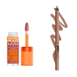 NYX Professional Makeup Combo: Delineador de labios Line Loud Lip Liner, Tono Global Citizen + Brillo de labios voluminizador y ultra pigmentado Duck Plump, Tono Nude Swings - 2 piezas