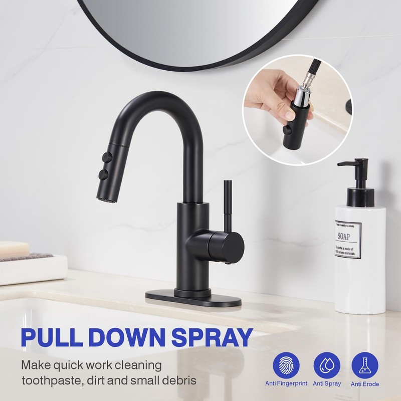 Kablle Bathroom Sink Faucet with Pull Down Sprayer, Matte Black