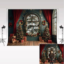 Kate Photography Backdrops 2.2x1.5m/7x5ft Christmas Wreath Toy Bear Red Curtain Dark Green Arch Window Kids Family Portrait Decor Background Photo Studio
