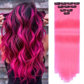 PARXITN Coloured Hair Extensions 10 Pieces 50 cm Strawberry Red Clip in Hair Extensions for Women Party Highlights Multicoloured Synthetic Straight Hairpieces for Christmas Costume Party