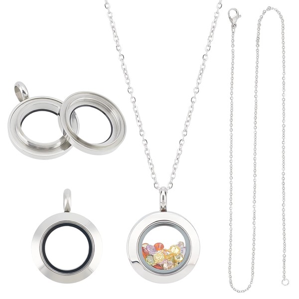UNICRAFTALE 2 Sets Necklace Chain Necklace Making Kit Floating Locket Charms with Glass Picture Holder Circle Charms Photo Frame Charms Locket Pendant Jewelry Hanging Accessories Parts for DIY Necklace Handmade Material
