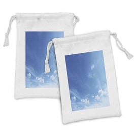 Ambesonne Sky Fabric Pouch Set of 2, Blue Sky Inspirational Sun Rays and Clouds Weather Environment Themed Idyllic Image, Small Drawstring Bag for Toiletries Masks and Favors, 9" x 6", Blue White