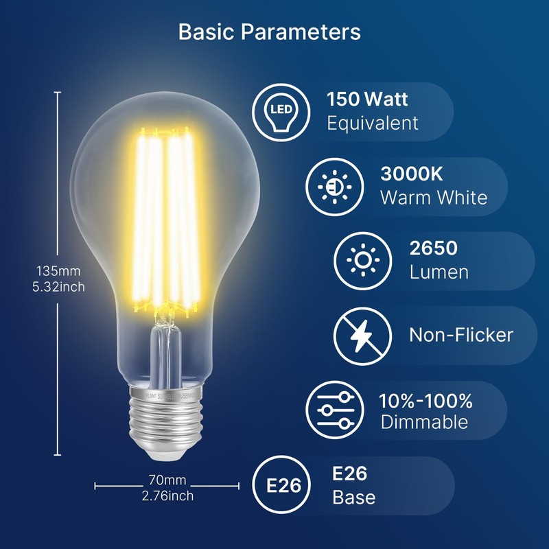 FLSNT 150W Equivalent Dimmable A23 LED Light Bulbs, 2650Lumens, Efficient