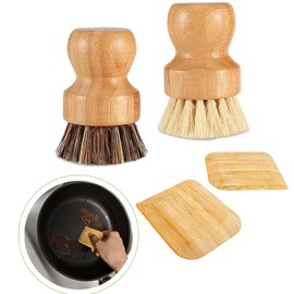 Bamboo Dish Scrub Brush with Bamboo Pan Scraper,Sisal Coconut Palm Round Brush,Effectively Use for Kitchen Pots, Bowls, Plates, Cutting Boards and Vegetables Cleaning Without Scratching
