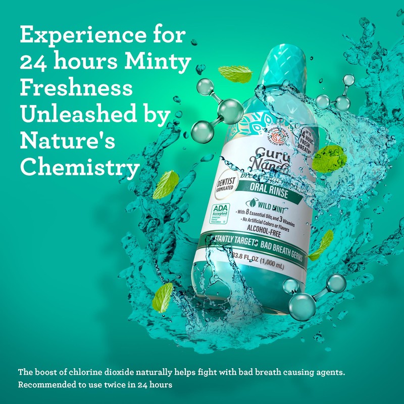 GuruNanda Fresh Breath Mouthwash, ADA-Accepted, Alcohol & Fluoride-Free, Sodium Chlorite,