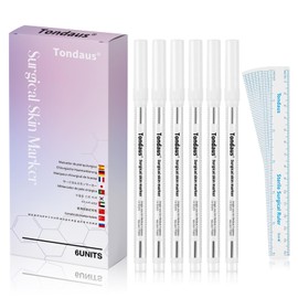 TONDAUS 6Pcs Professional Surgical Tip Skin Marker Pen White Stencil Markers Pen with Paper Ruler for Eyebrow, Tattoo Skin Marking Individually Wrapped 1.0 MM