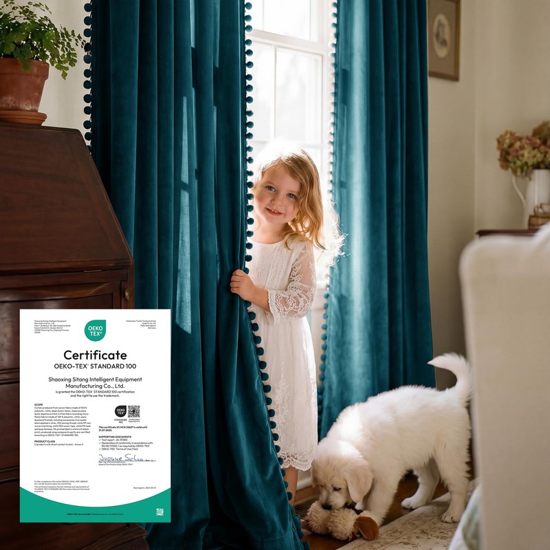 RYB HOME Teal Velvet Blackout Curtains with Pompoms for Bedroom