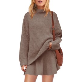 SENSERISE Womens Sweater Skirt Set 2 Piece Outfits Oversized Lounge Sets Turtleneck Knit Tops Mini Dress(Taupe,L)