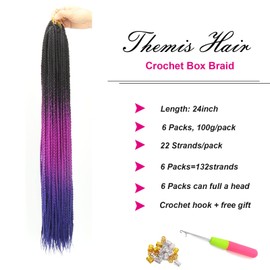 Ombre Box Braids Crochet Hair Braids 24 Inch Medium box braid Kanekalon Synthetic Hair Extensions Pre-Looped Crotchet Box Braids for Women (24 Inch,Black-Purple-Blue) ¡­