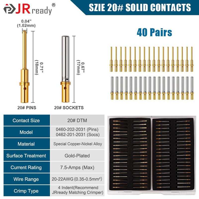 JRready Gold Plated Deutsch Solid Connector Terminals Kit,ST6356-20-040 DTM Turned