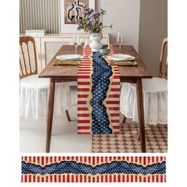 4th of July Table Runner 13x72 Inches Long Red White and Blue Star Strips Table Runners Cotton Linen Retro American Flag Independence Day Dresser Scarf Kitchen Dinner Table Decor for Memorial Day