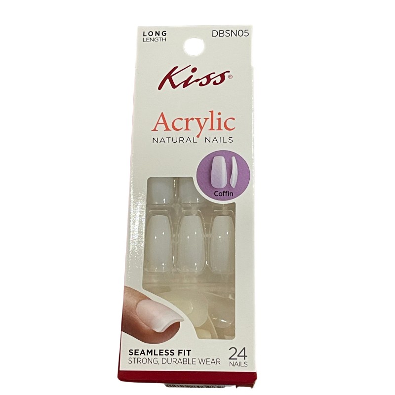 Kiss Acrylic Natural Nails Glue-On Long Coffin Opaque White DBSN05