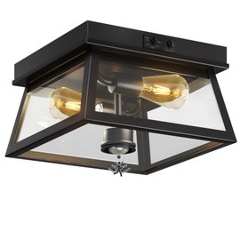 SIAFAVOI Motion Sensor Outdoor Ceiling Light, Flush Mount Black Porch Ceiling Lights Adjustable 2-Light Fixture with E26 Sockets, Closed Bottom, Glass and Metal for Garage, Patio, Hallway, Farmhouse