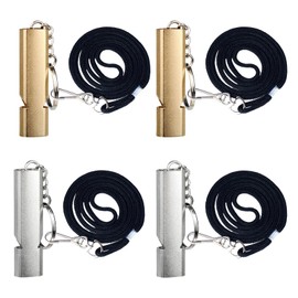 4-Piece Double Tube Metal Signal Whistle Set, Loud Emergency Whistle with Key Ring and Lanyard, Outdoor Safety Whistle for Camping, Survival, Emergency Survival, Training (Gold + Silver)