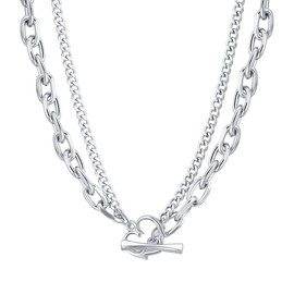 Deelfel Women's Necklace, Platinum, Silver, Double Lay, Mantel Necklace, Azuki Curve, Asymmetric Chain, Light Surface, Titanium, Hypoallergenic, Friends, Anniversary, New Year, Graduation, Party,