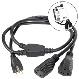 2 Way Power Splitter and 3' Extension Cord - 3 Pack - 1 to 2 Cable Strip with 3 Pronged Outlet and Y Style Extension Cord – Black - SJT 16 AWG – by Luxury Office