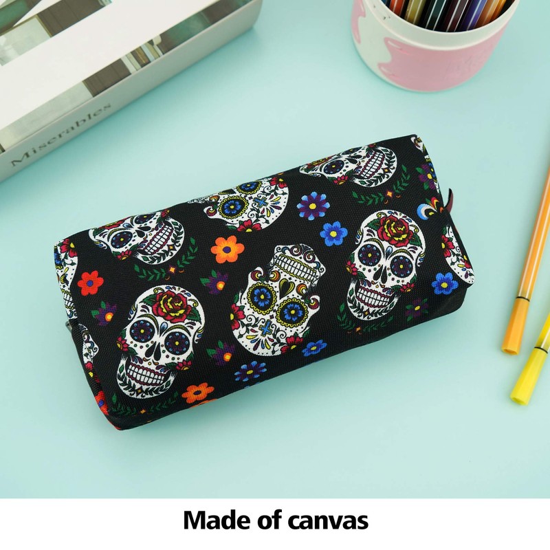 LParkin Sugar Skull Pencil Case Super Large Capacity Canvas Pen