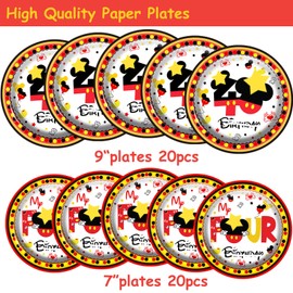 117 Pcs Red Cartoon 4th Birthday Party Decorations - Boy Four Years Old Paper Plates Napkins Cups Tablecloths for Boys 4th Birthday Decoration Supplies - 20 Guests