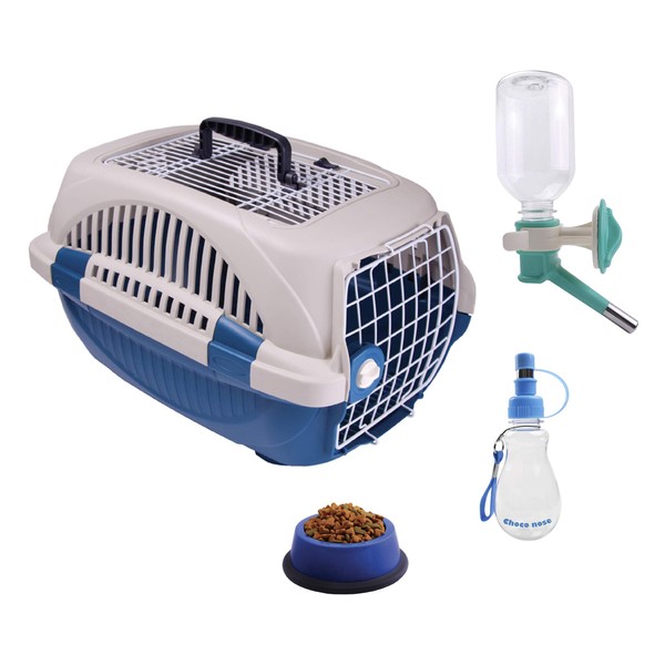 Choco Nose Travel Kennel Set - Durable Top Load Pet Carrier/Crate for Animals Under 12 Lb, Small Dogs/Puppy/Cat/Rabbit- Includes Pattened No Drip Water Bottle, Portable Water Bottle + Food Bowl, Blue