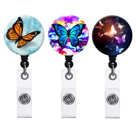 Nurse Badge Reel Retractable ID Badge Holder Reels with Alligator Clip Name Decorative Badge Reel Clip on Card Holders (3 Pack Pretty Butterfly)