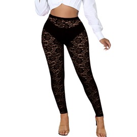 Women's Lace Floral Tights Leggings - See Through High Waisted Legging Sheer Pantyhose Ankle Length Black L