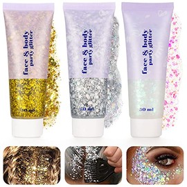 Pack of 3 Body Glitter Gel, Sequins Chunky Glitter Liquid Gel for Face Hair Lips Nails Make Up Cosmetics Festival Party Silver Gold White