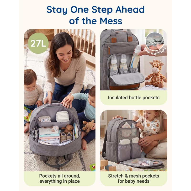 Baby Diaper Bag with Waterproof Changing Pad, Dark Gray