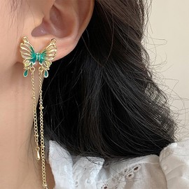 14K Gold Butterfly Tassel Drop Dangle Earrings for Women,Dainty Long Asymmetric Chain Dangling Earrings,Charming Birthday Party Jewelry Gifts (Butterfly)