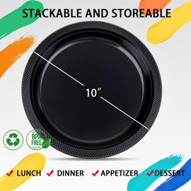 WELLIFE 10 Inch Plastic Plates Black 50 Count Disposable Plate for Party, Large Big Plates for Dinner Party Supplies Birthday Camping BBQ