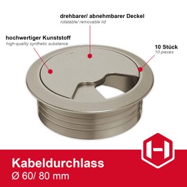 Gedotec Cable grommet desk made of sturdy ABS plastic, pack of 10 round cable passages, 60 mm, entry, cable box, stainless steel look, cable guide for push-in, cable duct desk