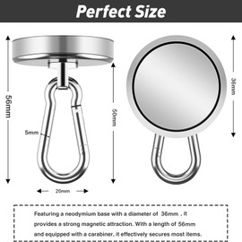 Fhintory Magnetic Hooks Extra Strong 40 kg, Pack of 4 Neodymium Magnetic Hooks 36 mm, 360° Rotatable Magnetic Hooks, Magnet with Hooks for Fridges, Kitchens, Garage, Camping