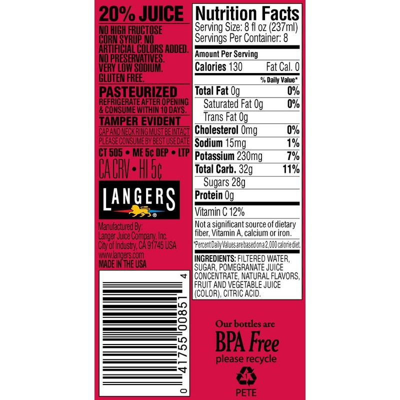 Langers Juice Cocktail, Pomegranate, 64 Fl Oz (Pack of 8)