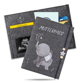 Maternity Log Cover Made of Felt, Boho Style Elephant Suitable for the German Maternity Passport, with Compartments for Ultrasound Picture, Insurance Card, Vaccination Certificate etc.