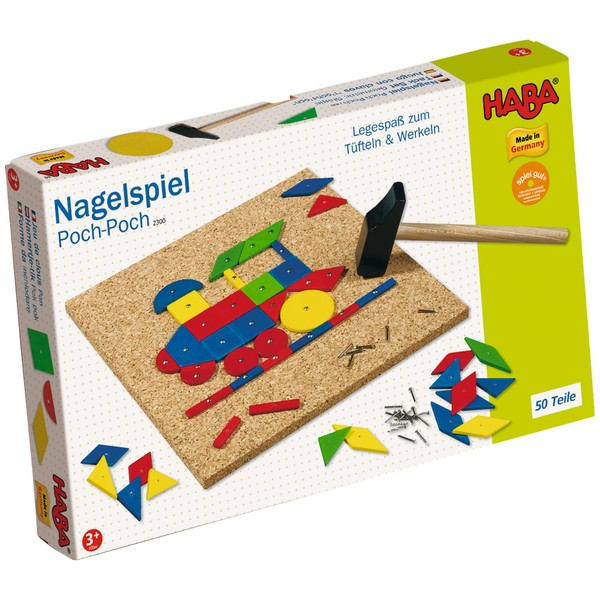HABA Geo Shape Tack Zap Play Set - Make Geometric Designs with Corkboard, Hammer, Templates and 50 Wooden Tiles (Made in Germany)