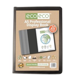 eco-eco A5 50% Recycled 20 Pocket Black Professional Business Display Book, Padded Portfolio Art Folder with Plastic Sleeves, eco142