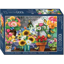 Crown Point Graphics Sunnyside Flower Market - 1000 Piece Jigsaw Puzzle - Artist Gina Jane Lee - Soft Touch Design - Coloful Summer Flower Puzzle with Butterflies and Birds