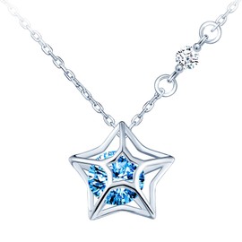 CPSLOVE Elegant Women's Star Cubic Zirconia Necklace 925 Sterling Silver Chains with Blue Zircon Pendant Creative Girls Necklace, Cubic Zirconia