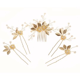 Alloy Floral Wedding Comb for Brides Set of 5- Crystal & Pearl Bridal Hairpieces, Elegant Rhinestone Hair Accessories for Women (Gold/Silver) (Gold)