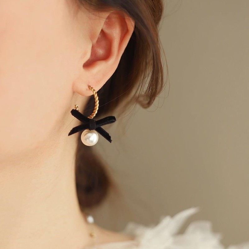 Black Velvet Bow Pearl Dangle Drop Huggie Hoop Earrings Studs