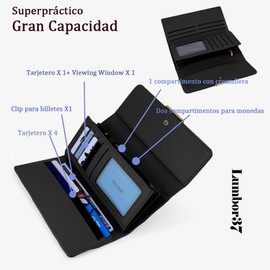 Cartera para Mujer de Cuero PU, Billeteras de Pielcon Bloqueo RFID, Tarjetero Moda de Gran Capacidad, Elegante Monedero de Minimalista, Regalos para Chicas y Mujeres(Negro)