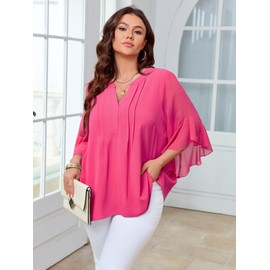SCOMCHIC Women's Plus Size Blouse 3/4 Sleeve V Neck Chiffon Dressy Casual Shirts Business Work Office Tunic Tops XL-5XL, Hot Pink, 4X-Large Plus