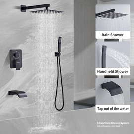 Ameletai Shower Faucet Set, Black shower system with Square Rainfall Shower head, Handheld Wall Mounted Showerhead and Waterfall Tub Spout, 12 Inch, Metal Shower Faucet Trim Repair Kits