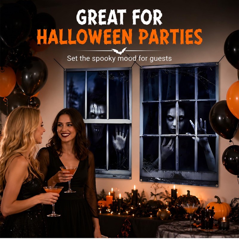 2Pcs Halloween Ghost Window Curtain Cover, Scary Halloween Decorations
