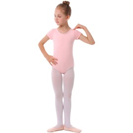 MdnMd Girls Toddler Dance Leotards for Ballet Gymnastic Short Sleeve Outfit with Cross Back (Ballet Pink, Age 4-6 / 4t,5t)